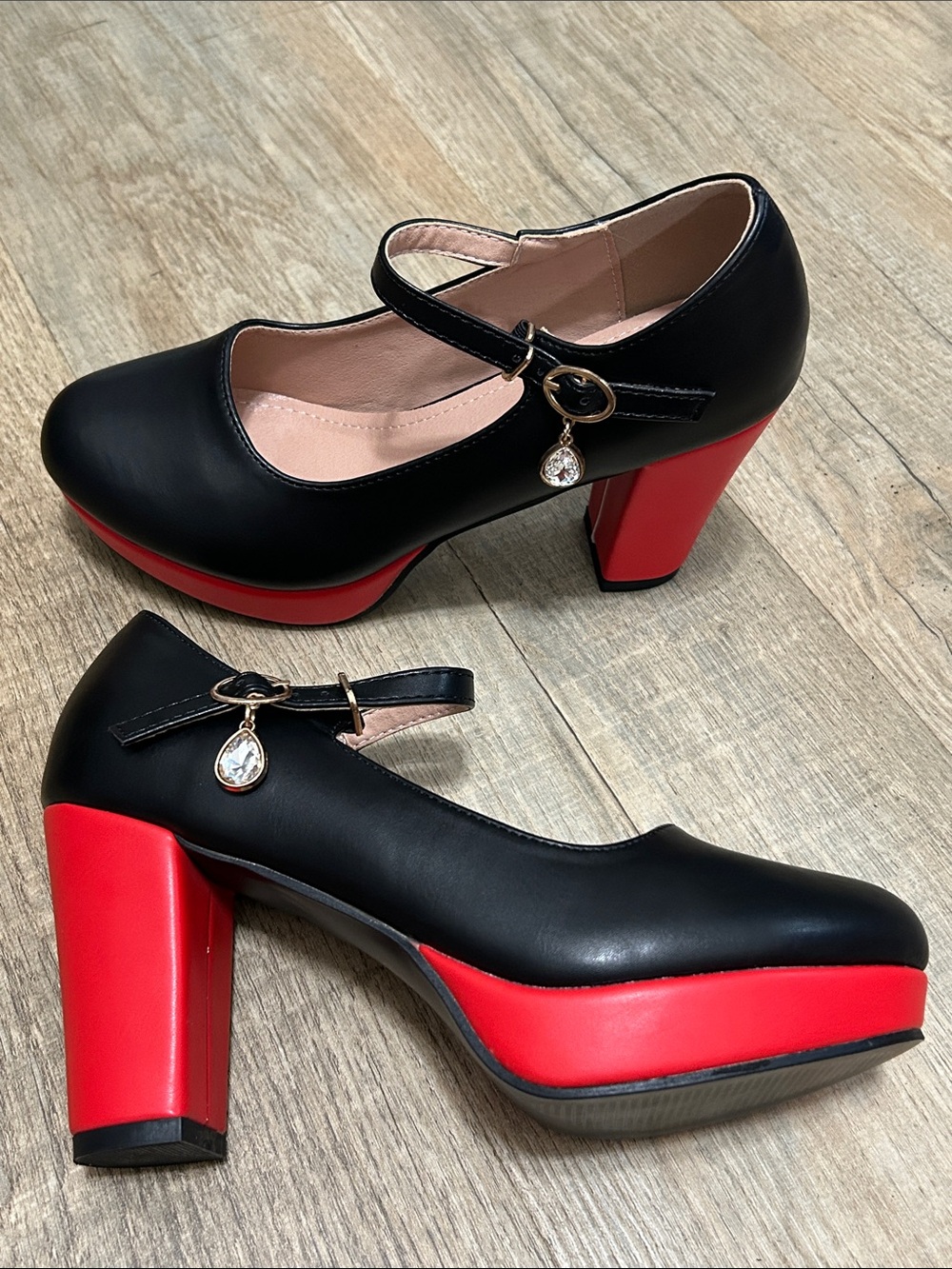 Black and Red Mary Jane Block Heel Pumps